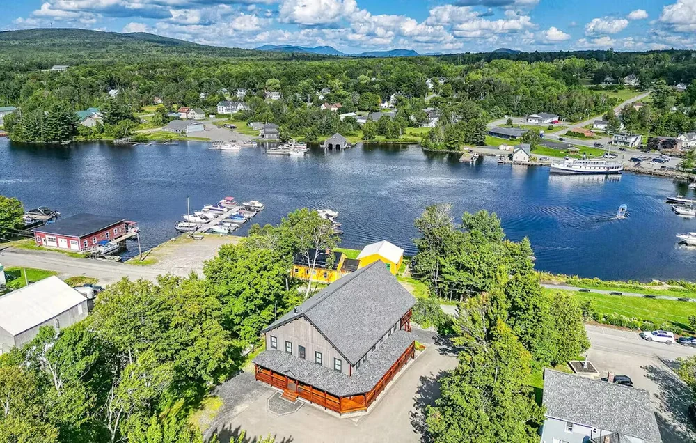 Aerial view of King's Landing on Moosehead Lake in downtown Greenville, Maine