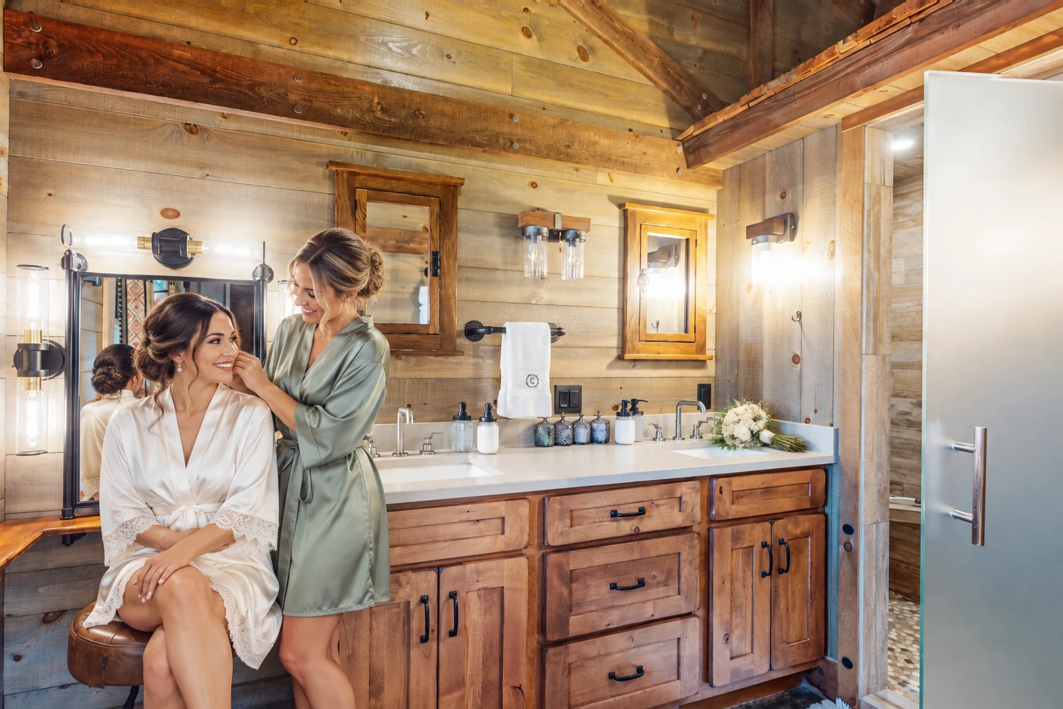 A bride in a white robe getting ready at the double vanity of a rustic wood-paneled bathroom at King's Landing in Greenville, Maine, with a bouquet on the counter