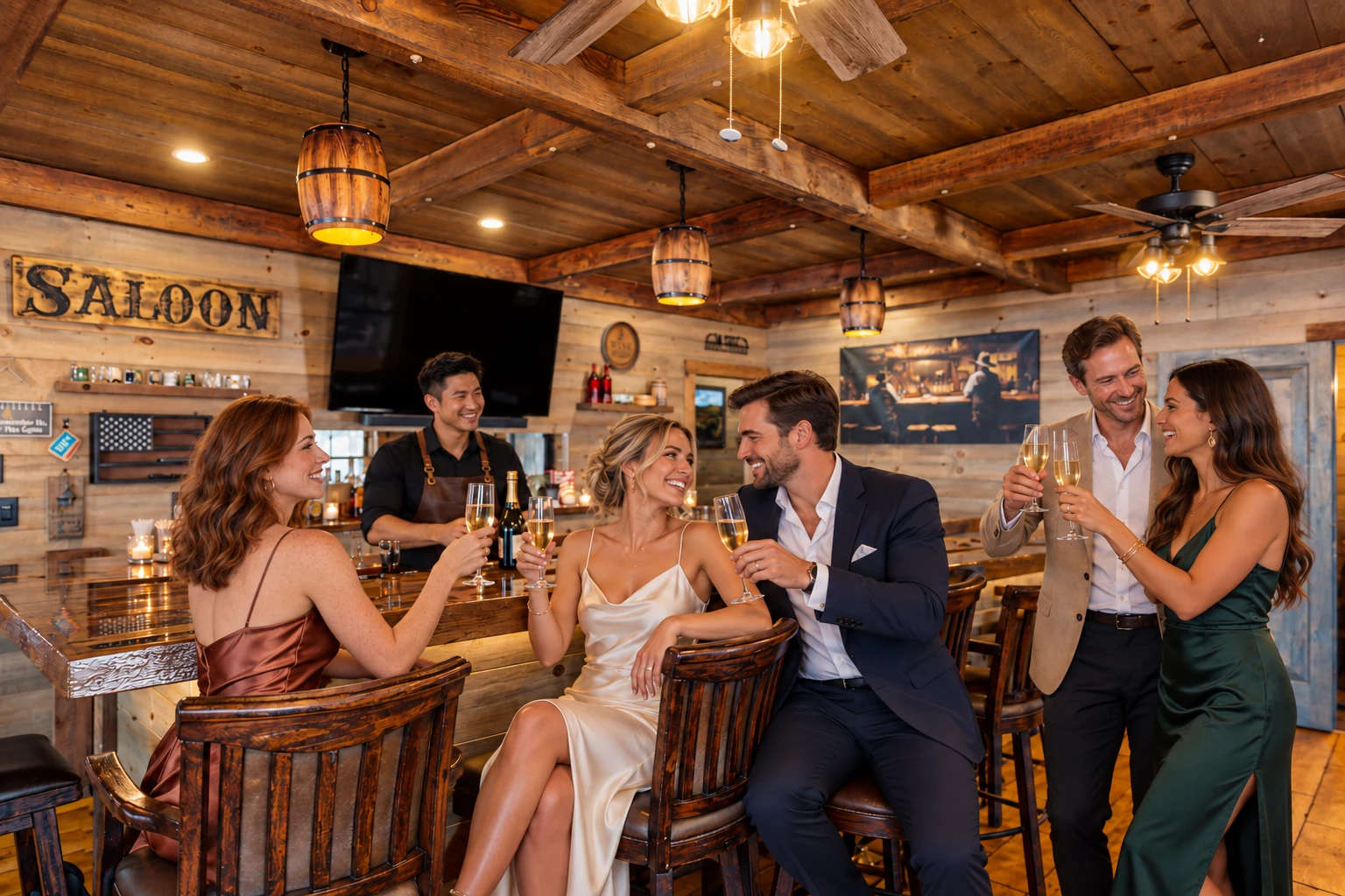 A wedding party raising champagne glasses with the bartender at the Crown Bar in King's Landing, Greenville, Maine