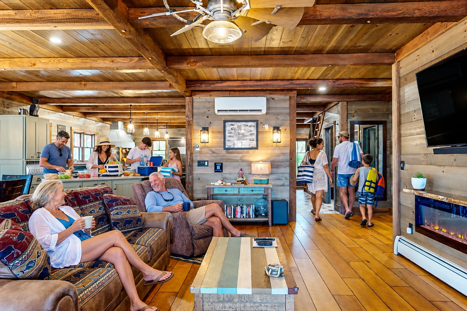 A family gathering in the living room at King's Landing in Greenville, Maine, with coffee on the couch and beach bags headed for Moosehead Lake