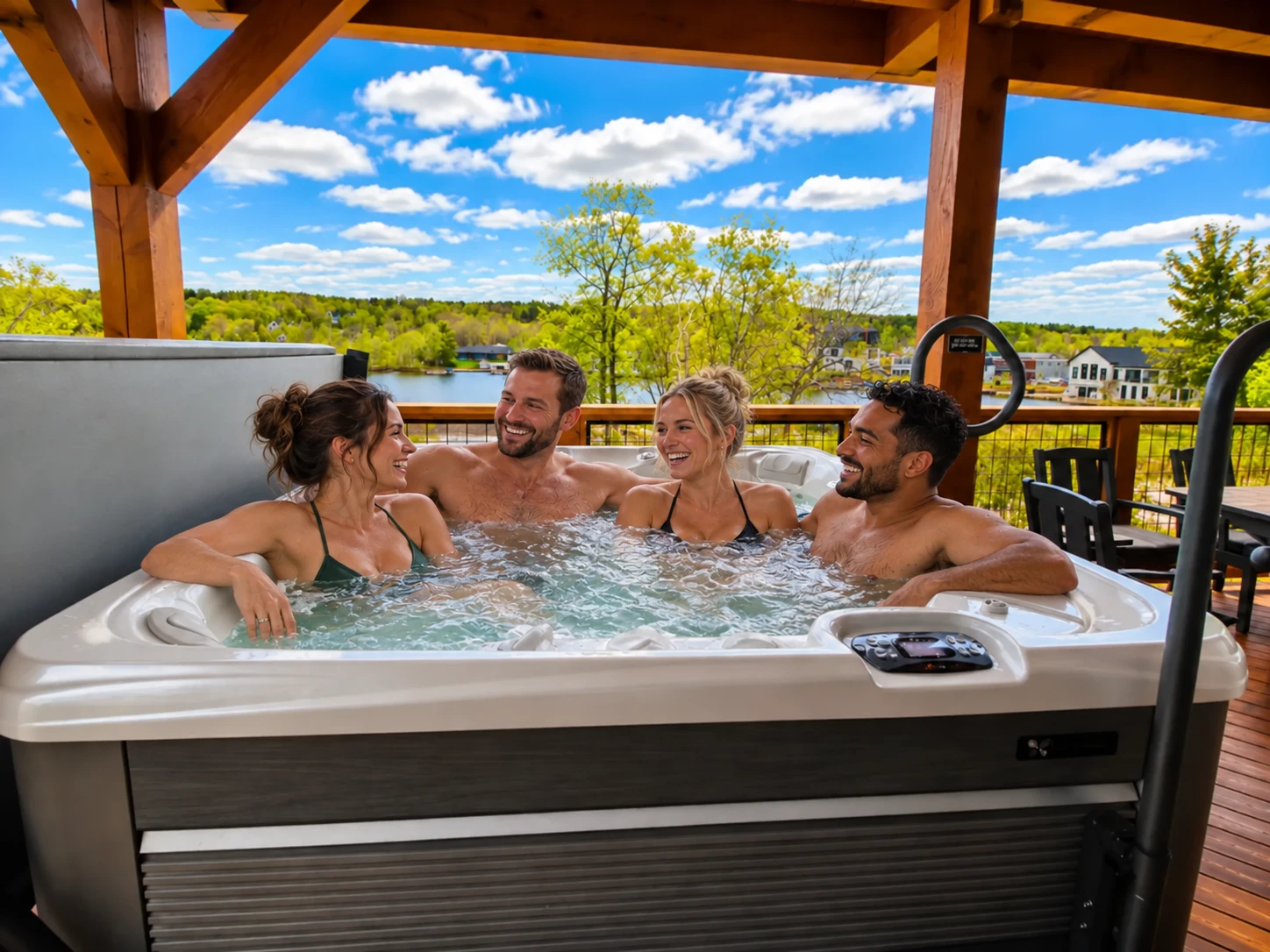 Four friends laughing in the covered hot tub on the deck at King's Landing, with Moosehead Lake and Greenville, Maine behind them