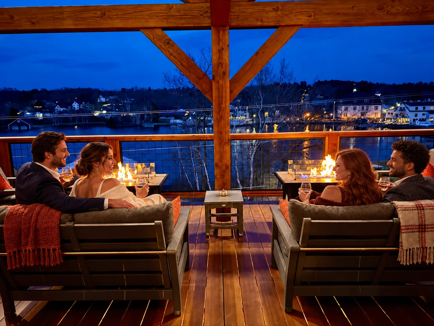 Two couples with wine by the fire tables on the Royal Terraces at King's Landing at dusk, with the lights of Greenville, Maine across Moosehead Lake